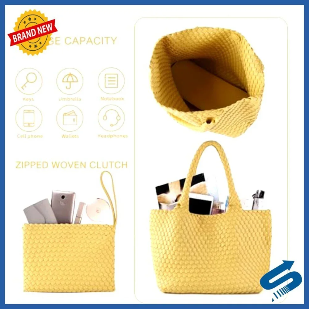 Vegan Leather Handwoven Tote Bag with Small Purse Large Braided Top Handle